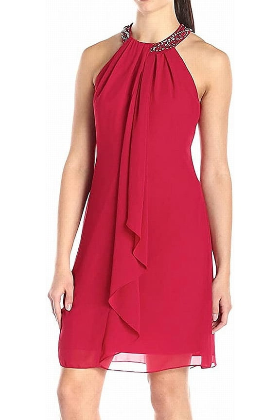 Women's Dress Cerise Sheath Beaded Ruffle Chiffon 8