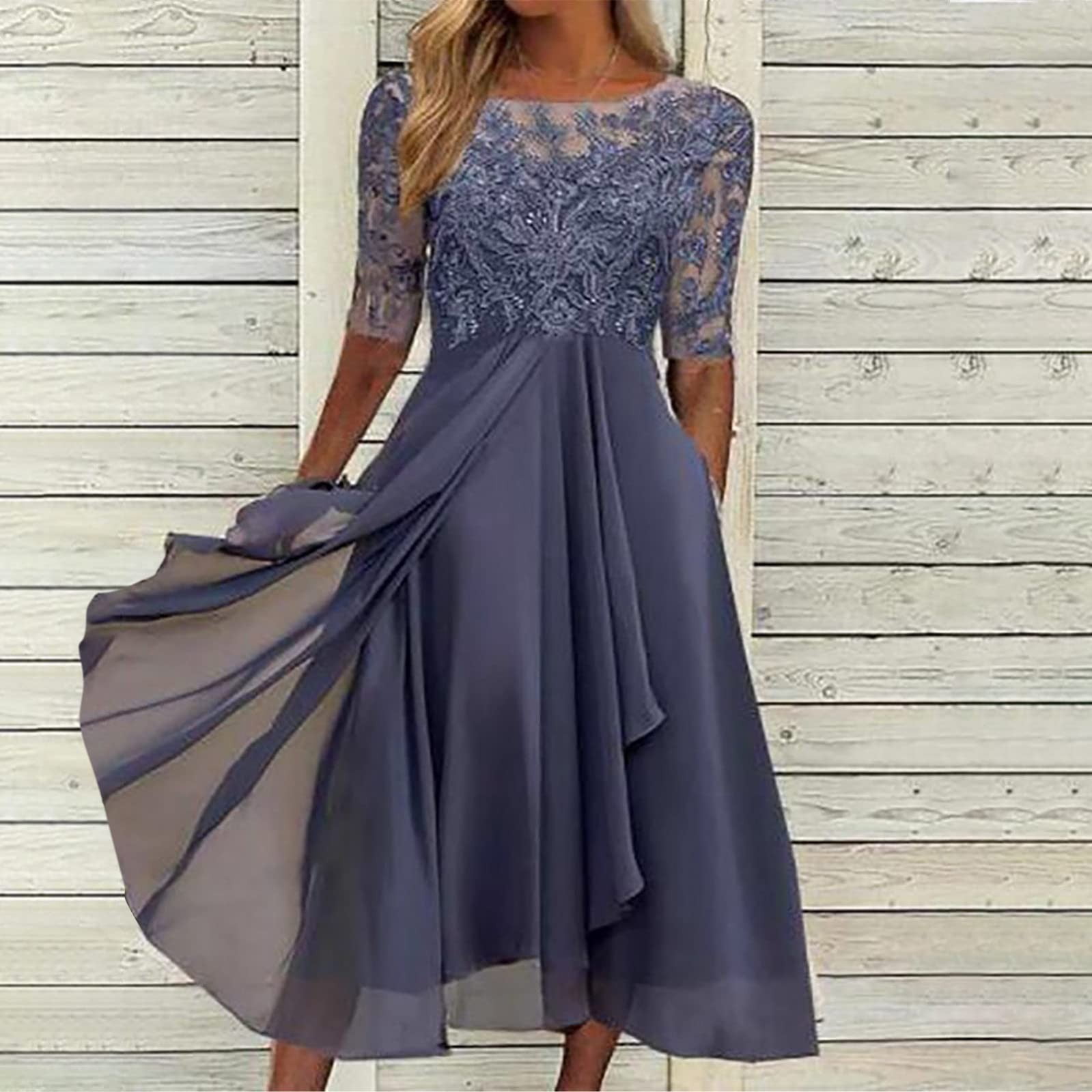 Women's Dress Chiffon Elegant Lace Patchwork Dress Cut-out Long Dress ...