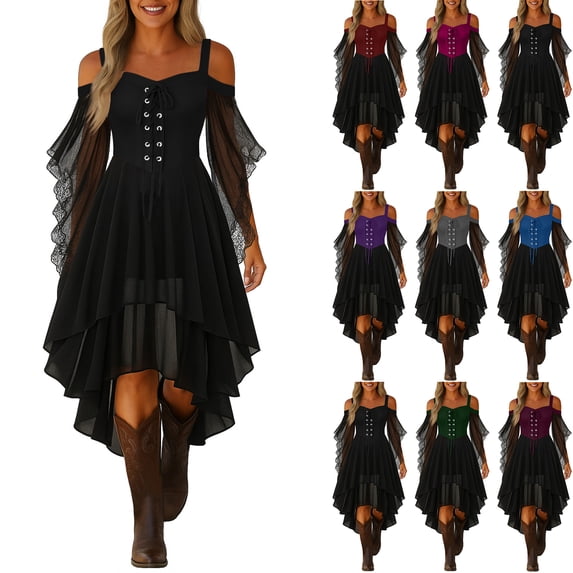Women's Dress Cold Shoulder Sleeveless Solid Color Chiffon Butterfly Sleeve Gothic Irregular Hem Dress for Lolita Cosplay,Blue,2XL