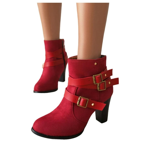 Women's Dress Combat Boots Vintage Fashion Buckle Chunky Kitten Heels Riding Short Ankle Booties for Women