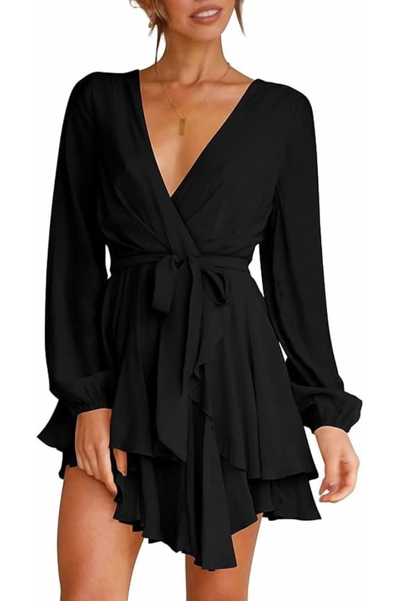 Women's Dress Deep V-Neck Long Sleeve Waist Tie Ruffle Mini Swing Skater Dresses