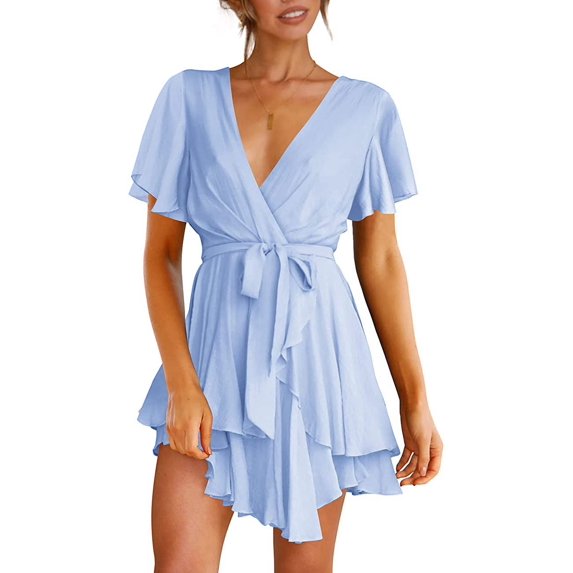 Women's Dress Deep V-Neck Long Sleeve Waist Tie Ruffle Mini Swing Skater Dresses