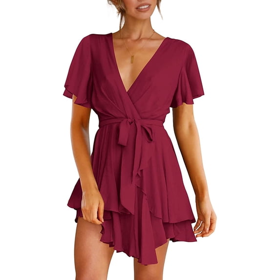 Women's Dress Deep V-Neck Long Sleeve Waist Tie Ruffle Mini Swing Skater Dresses