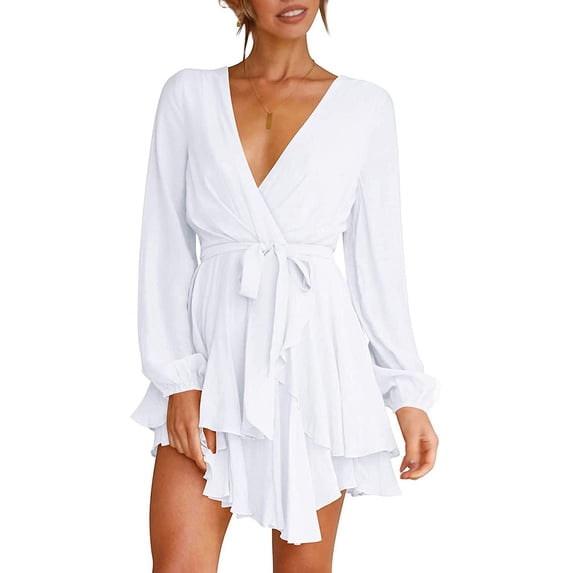 Women's Dress Deep V-Neck Long Sleeve Waist Tie Ruffle Mini Swing Skater Dresses