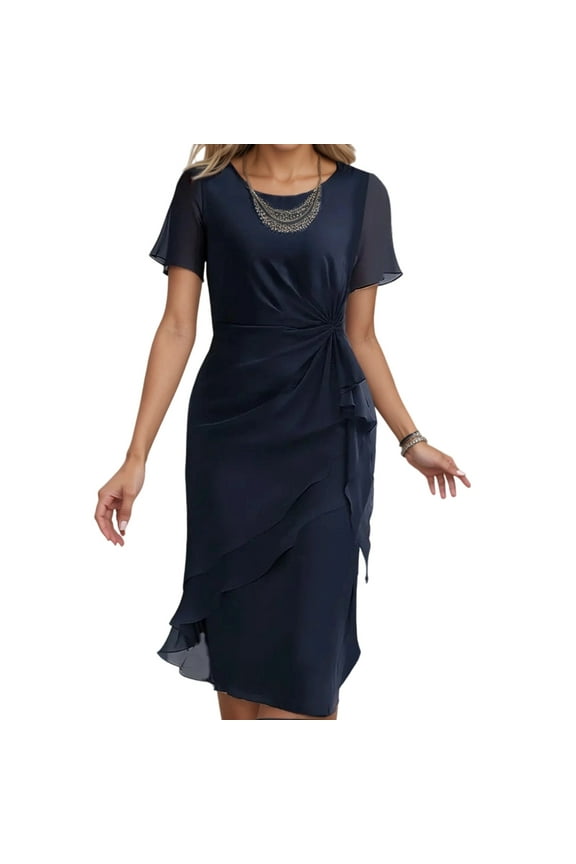 Women's Dress Elegant Round Neck Chiffon Party Gown For Wedding Holiday Date Night Spring Summer Casual Formal Occasion Dresses for Evening Gown Size 14 Ladies Long Evening Dresses Ladies Work Dresses