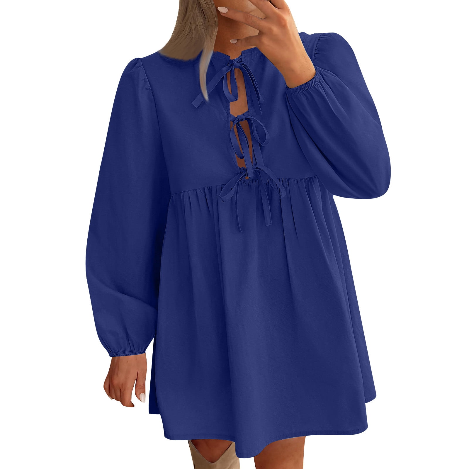 bow tie peplum dress Women's Dress Fall Long Puff Sleeve Bow Tie Front Babydoll A Line Pleated  Cute Mini Tunic Dresses Y2K Peplum Dress