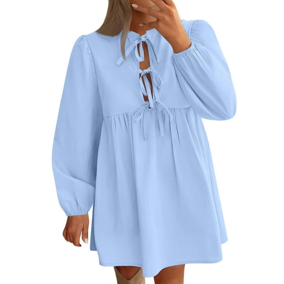 Women's Dress Fall Long Puff Sleeve Bow Tie Front Babydoll A Line Pleated Cute Mini Tunic Dresses Y2K Peplum Dress