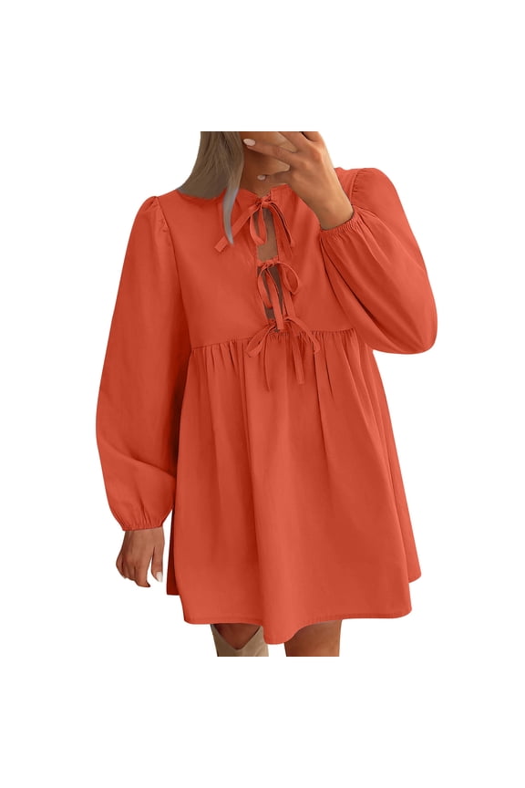 Women's Dress Fall Long Puff Sleeve Bow Tie Front Babydoll A Line Pleated Cute Mini Tunic Dresses Y2K Peplum Dress