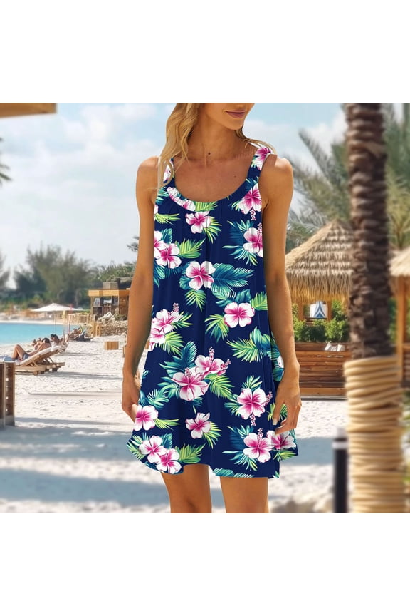 Women's Dress, Fashion Casual Sleeveless Loose Non Positioning Printing Elasticity Dress for Women, Stretchy Comfortable Homewear and Daily Wear Tunic for Casual Occasions