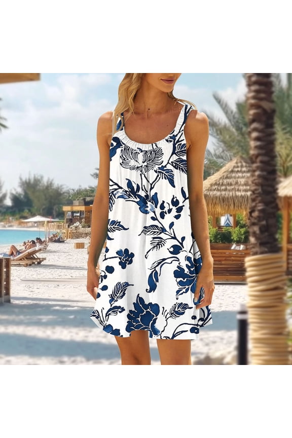 Women's Dress, Fashion Casual Sleeveless Loose Non Positioning Printing Elasticity Dress for Women, Stretchy Comfortable Homewear and Daily Wear Tunic for Casual Occasions