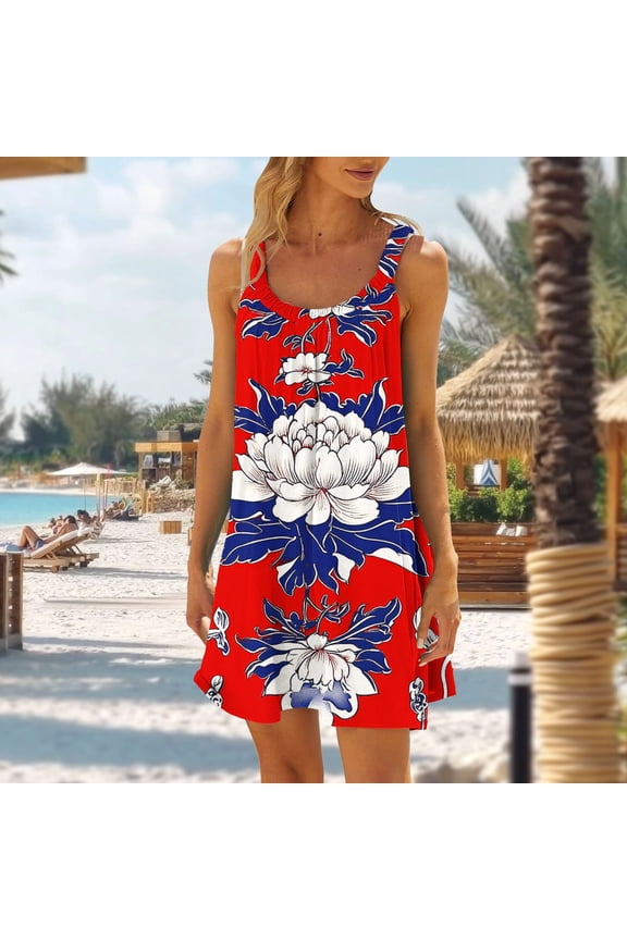 Women's Dress, Fashion Casual Sleeveless Loose Non Positioning Printing Elasticity Dress for Women, Stretchy Comfortable Homewear and Daily Wear Tunic for Casual Occasions