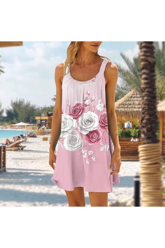 Women's Dress, Fashion Casual Sleeveless Loose Non Positioning Printing Elasticity Dress for Women, Stretchy Comfortable Homewear and Daily Wear Tunic for Casual Occasions