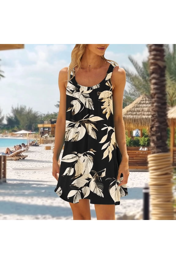 Women's Dress, Fashion Casual Sleeveless Loose Non Positioning Printing Elasticity Dress for Women, Stretchy Comfortable Homewear and Daily Wear Tunic for Casual Occasions