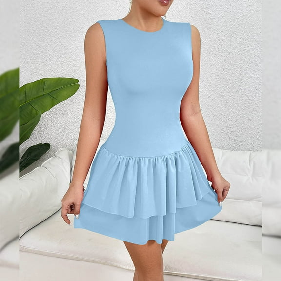 Women's Dress Fashion Solid Color Crew Neck Mid-Length Dress Quick Dry Slim Fit Sleeveless Sundresses