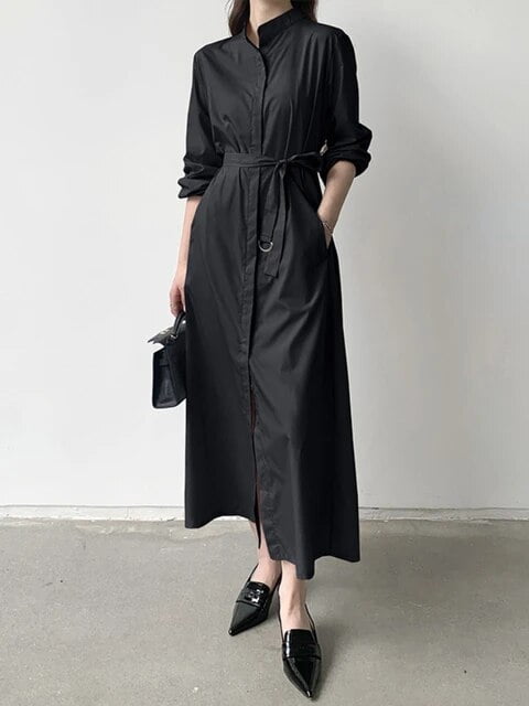 Women's Dress Fashionable Korean Version of New in Loose Fitting Shirt  Collar Lazy Style Lace Up Long Dress Women's Clothing - Walmart.com