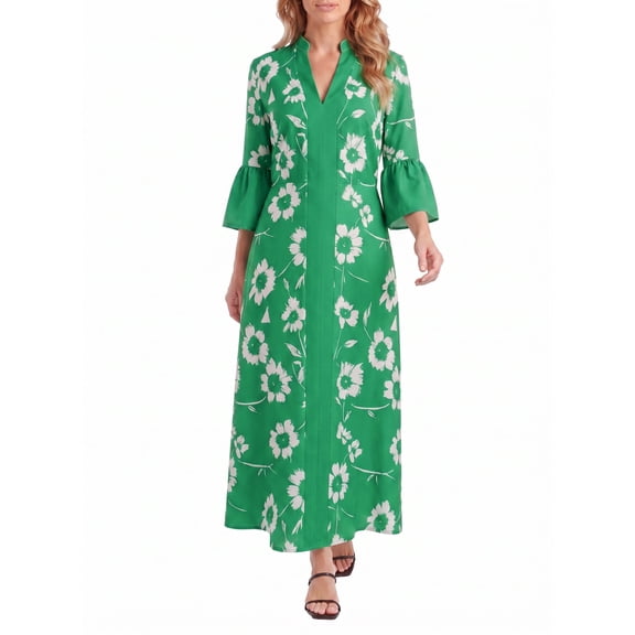 Women's Dress Floral Bell Sleeve Maxi A-Line V-Neck Modern Fit Casual Dresses