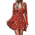 thumbnail image 1 of Women's Dress Floral Printed V-Neck Flared Long Sleeve Ruffle Hem Short Dresses with Drawstring, 1 of 4