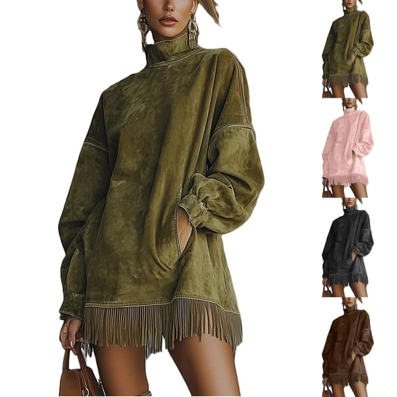 Women's Dress Long Sleeve High Neck Loose Fit Solid Color Suede with Pockets and Tassel Detail Midi Dress for Spring Fall,Pink,S
