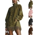 thumbnail image 1 of Women's Dress Long Sleeve High Neck Loose Fit Solid Color Suede with Pockets and Tassel Detail Midi Dress for Spring Fall,Pink,XL, 1 of 7