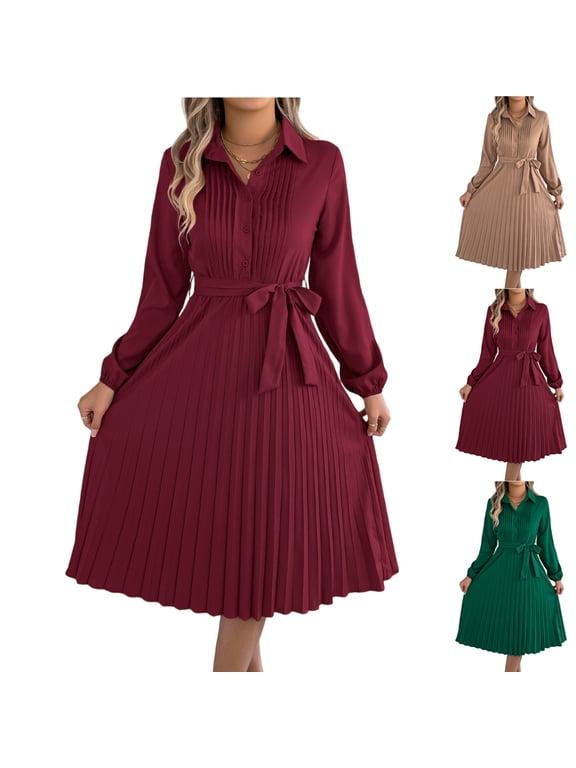 Women's Dress Long Sleeve Lapel Collar Solid Color Waist Defining Pleated Skirt Midi Dress for Spring Fall,Green,S