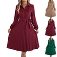 thumbnail image 1 of Women's Dress Long Sleeve Lapel Collar Solid Color Waist Defining Pleated Skirt Midi Dress for Spring Fall,Wine,M, 1 of 8