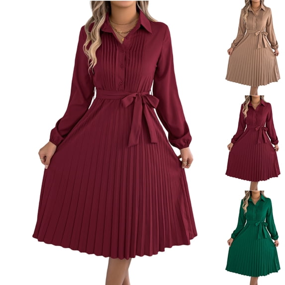 Women's Dress Long Sleeve Lapel Collar Solid Color Waist Defining Pleated Skirt Midi Dress for Spring Fall,Wine,M