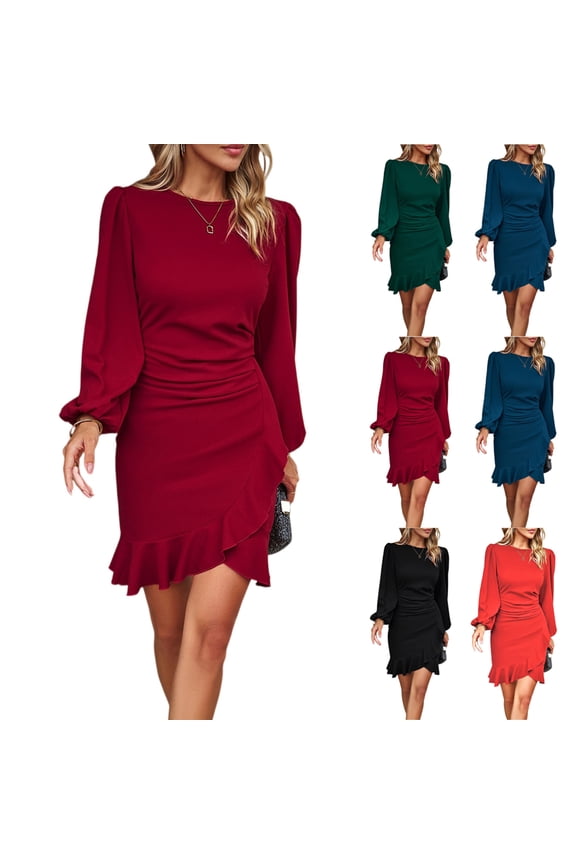 Women's Dress Long Sleeve Round Neck Slim Fit Bodycon Fishtail Hem Midi Dress for Spring Fall Casual,Wine,S