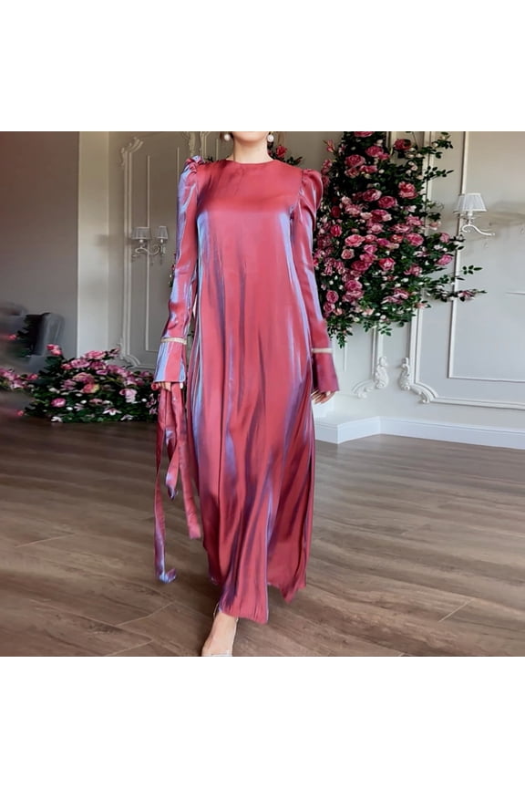 Women's Dress Long Sleeve Round Neck Solid Color Glitter Satin Elegant Full Skirt Maxi Dress for Spring Fall Casual,Purple Pink,L
