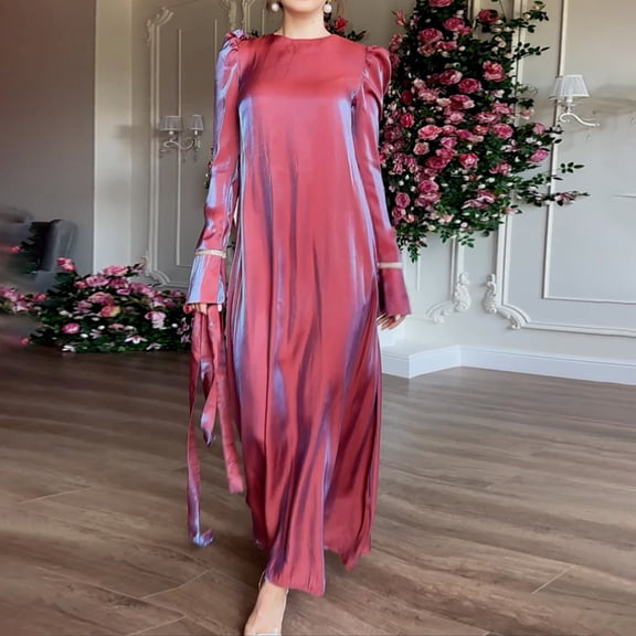 Women's Dress Long Sleeve Round Neck Solid Color Glitter Satin Elegant Full Skirt Maxi Dress for Spring Fall Casual,Purple Pink,M
