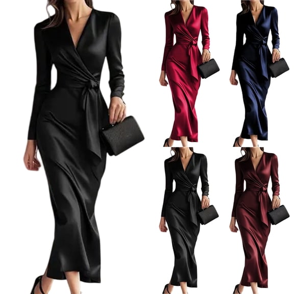 Women's Dress Long Sleeve Solid Color Tie Waist Classic Elegant Midi Dress for Office Commuting Spring Fall,Black,L