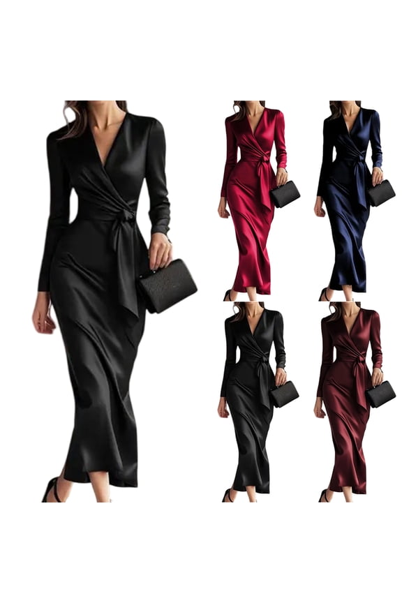 Women's Dress Long Sleeve Solid Color Tie Waist Classic Elegant Midi Dress for Office Commuting Spring Fall,Red,XL