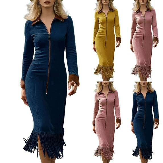 Women's Dress Long Sleeve Solid Color Western Suede Fringe Slim Fit Boho Chic Midi Dress for Spring Fall Casual,Pink,2XL