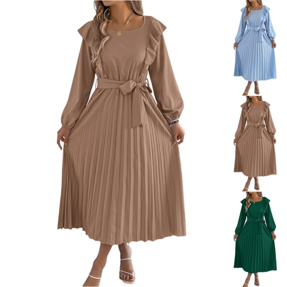 Women's Dress Long Sleeve Square Neck with Ruffle Waist Defining Pleated Skirt Elegant Midi Dress for Spring Fall,Green,L