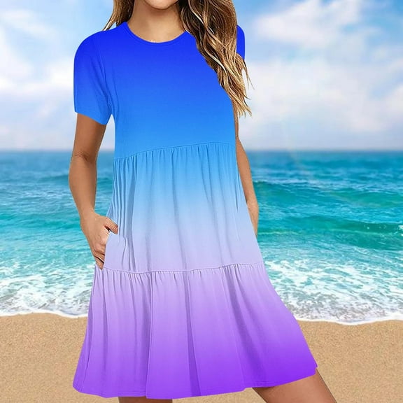 Women's Dress Ndbuld Women's Summer Casual Short Sleeve T Shirt Dress Tiered Mini Dresses With Pockets Blue XXL
