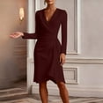 thumbnail image 1 of Women's Dress Office Style Workplace Long Sleeve V-Neck Party Dress (Red L), 1 of 4