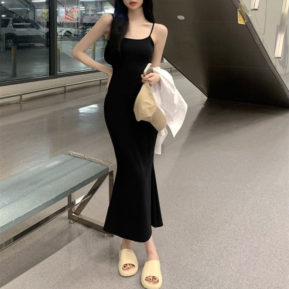 Women's Dress Oversized Solid Color Square Neckline Dresses Side Slit Mid-Length Dress Casual Slim Fit Sleeveless Beach Dress