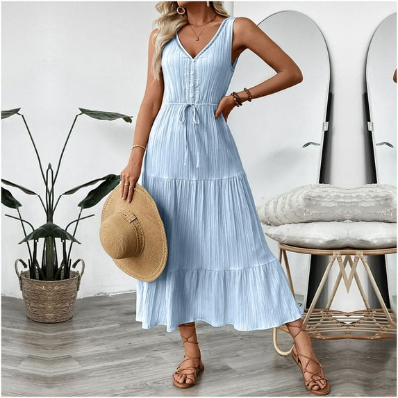 Women's Dress Oversized Solid Color V-Neck Mid-Length Dress Casual Slim Fit Sleeveless Dresses