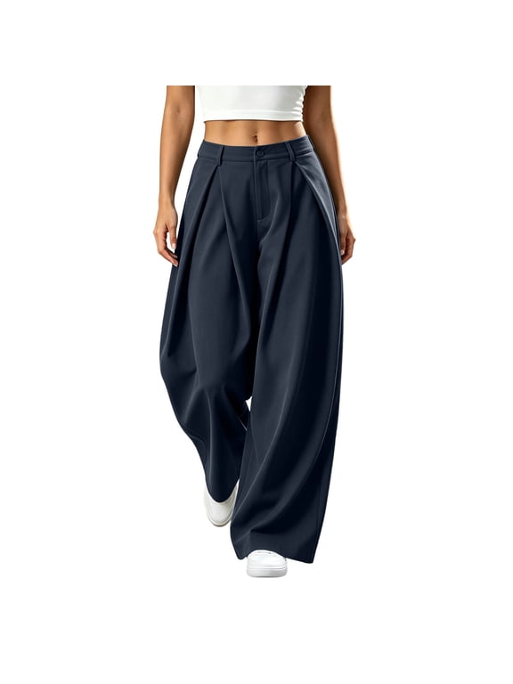 Women's Dress Pants High Waist Draped Pleated Trousers formal Loose Wide Leg Suit Pants Work office Slacks with Pockets Dark Blue