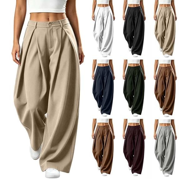 Women's Dress Pants High Waist Draped Pleated Trousers formal Loose Wide Leg Suit Pants Work office Slacks with Pockets White