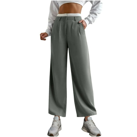 Women's Dress Pants Straight Leg High Waist Button Business Dressy Casual Trousers Color Block Office Pants (M, Gray)