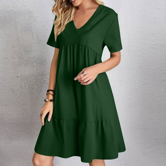 Women's Dress Plus Size, Women Summer V-Neck Solid Color Casual High Waisted Short Sleeve Dress(Army Green,S)