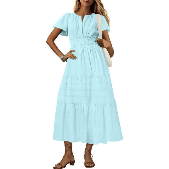 Women's Dress Plus Size, Women's Fashion Sexy Solid Short Sleeve V-Neck Pleated Dresses Long Dress Midi Maxi Dresses Elastic Waist Boho Beach Dress Pockets(Light Blue,XL)