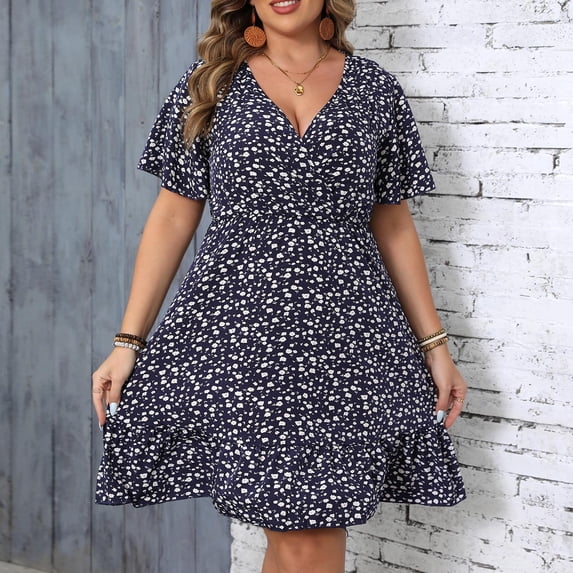 Women's Dress Plus Size V Neck Short Sleeve Loose Fit Casual Comfort Dresses Navy XXL