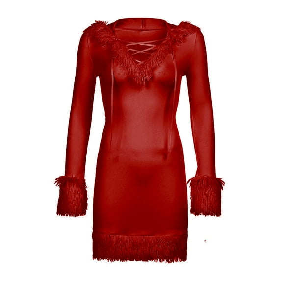 Women's Dress, Plush Hem Splicing Frenulum Solid Color V-neck Hooded Skirt