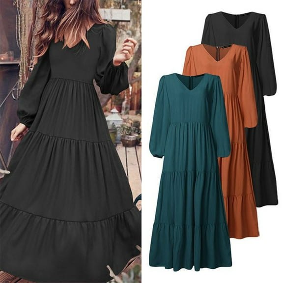 Women's Dress - Round Neck A-line V Neck, Pleated Long Sleeves Solid Color, Big Swing Maxi Dress