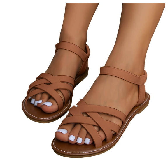 Women's Dress Sandals 2025 Beach Summer Casual Leather Open Toe Elastic Ankle Strap Flats Sandals