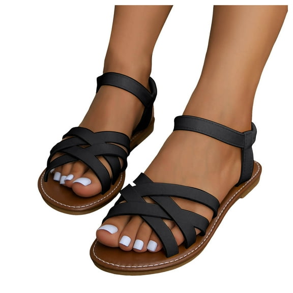 Women's Dress Sandals 2025 Beach Summer Casual Leather Open Toe Elastic Ankle Strap Flats Sandals