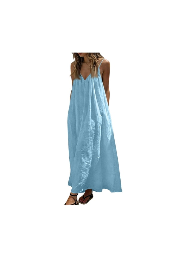 Women's Dress Selling Plus Size Stylish V-Neck Ice Silk Linen Dresses Light Blue XL
