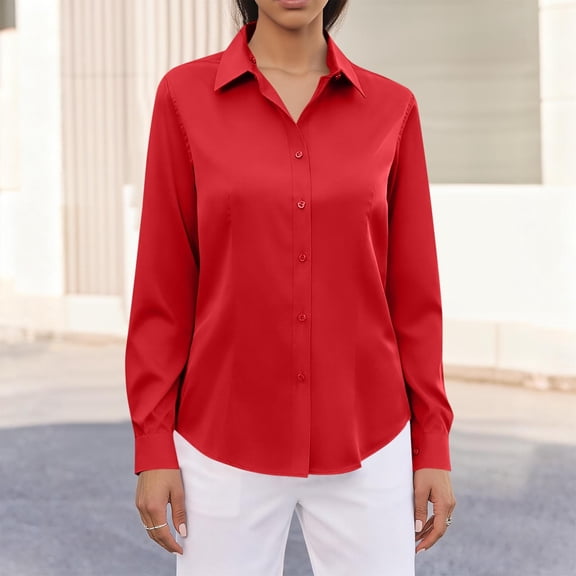 Women's Dress Shirts Long Sleeve Fashion Button Down Work Shirt Loose Trendy Lapel Business Blouse Lightweight Solid Color Tops