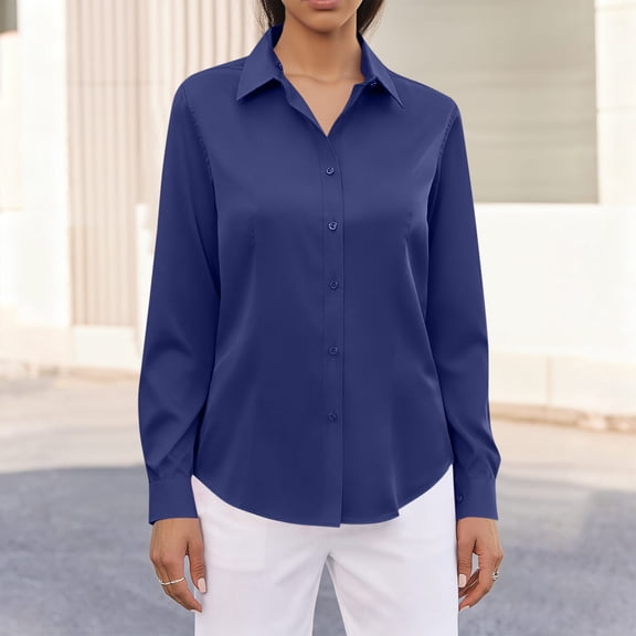 Women's Dress Shirts Long Sleeve Fashion Button Down Work Shirt Loose Trendy Lapel Business Blouse Lightweight Solid Color Tops